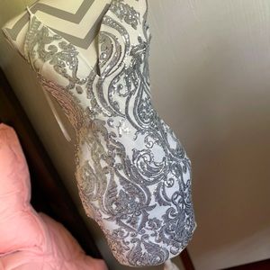 silver and white sequin dress.